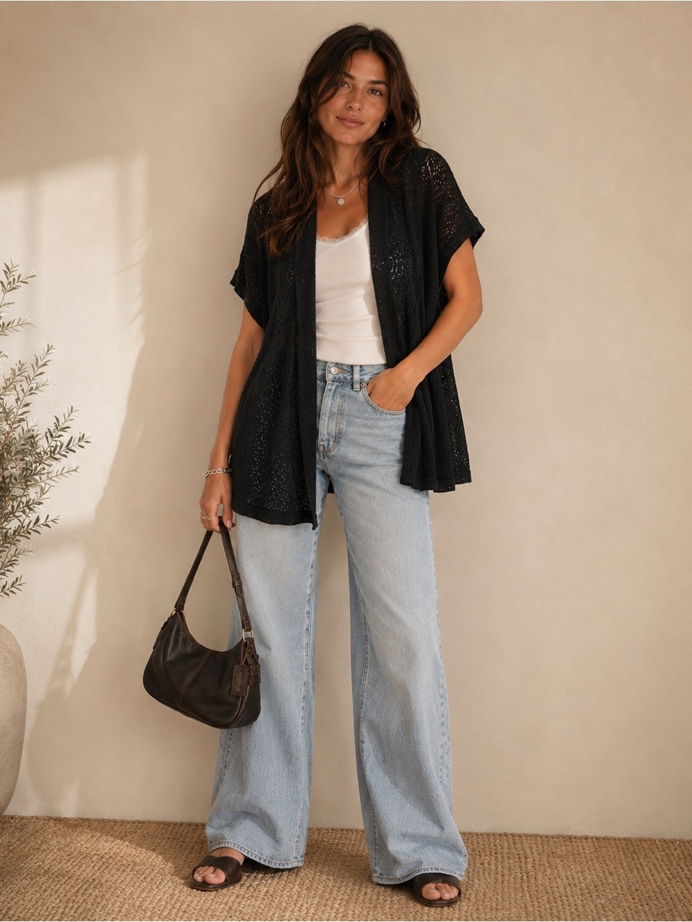 Black Lightweight Open Knit Boho Cardigan